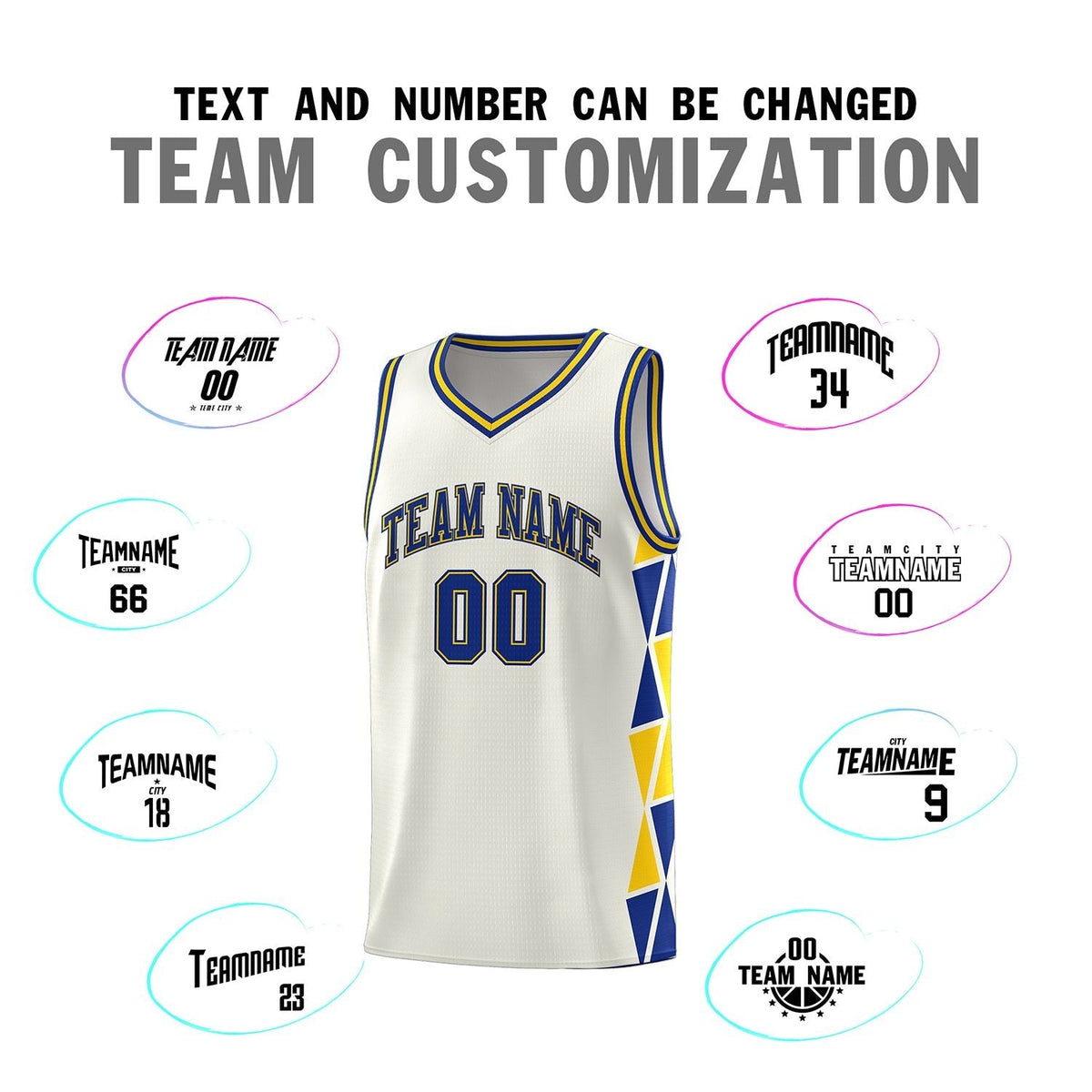 Custom Cream Royal-Gold Side Two-Color Triangle Splicing Sports Uniform Basketball Jersey
