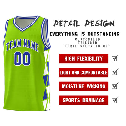 Custom Neon Green Royal-White Side Two-Color Triangle Splicing Sports Uniform Basketball Jersey