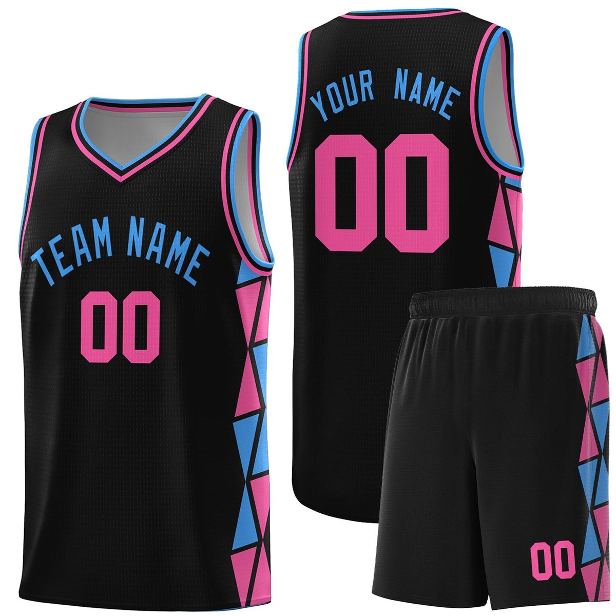 Custom Black Powder Blue-Pink Side Two-Color Triangle Splicing Sports Uniform Basketball Jersey