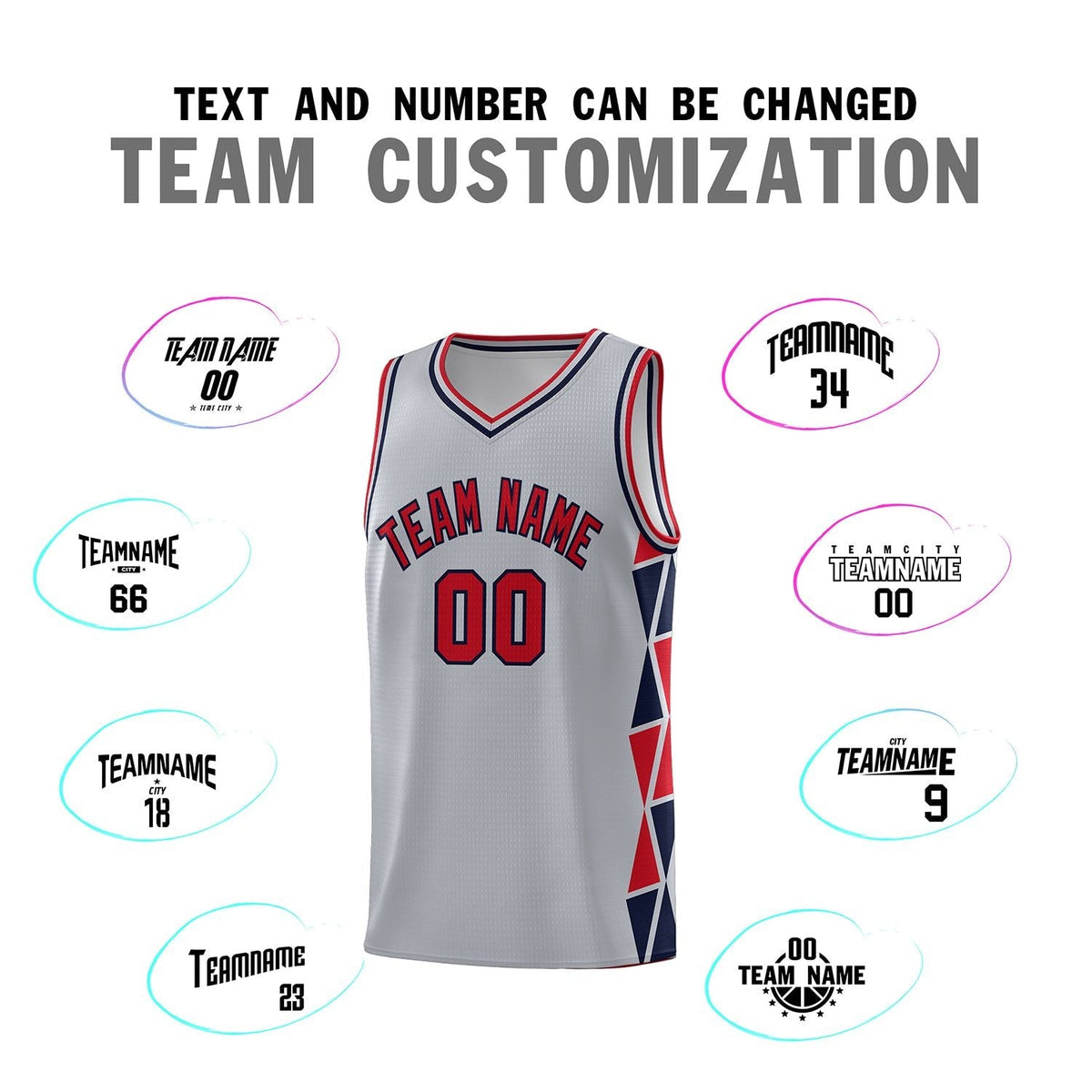 Custom Gray Red-Navy Side Two-Color Triangle Splicing Sports Uniform Basketball Jersey