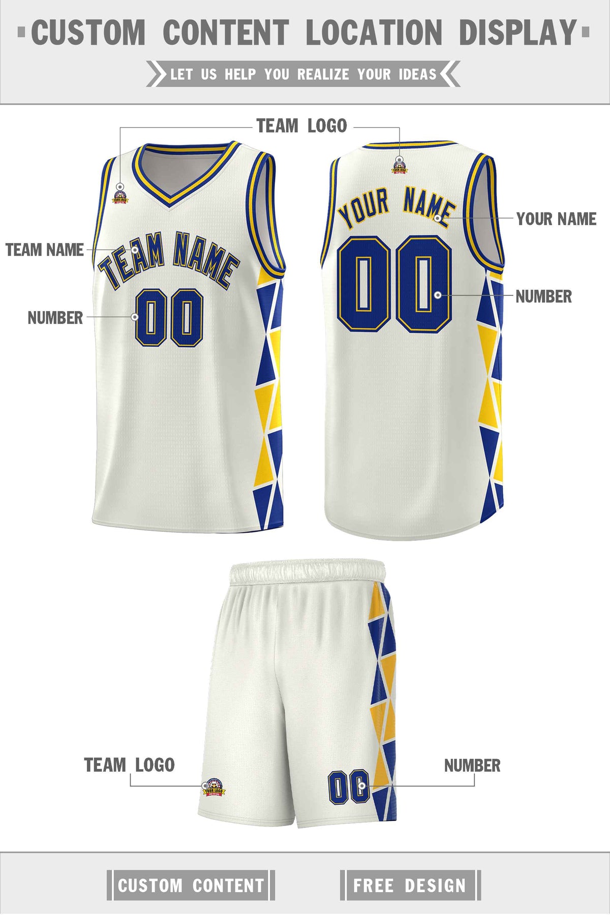 Custom Cream Royal-Gold Side Two-Color Triangle Splicing Sports Uniform Basketball Jersey