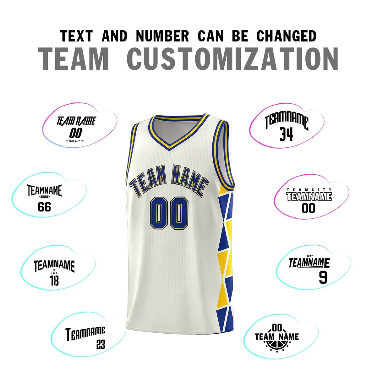 Custom Cream Royal-Gold Side Two-Color Triangle Splicing Sports Uniform Basketball Jersey