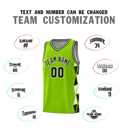 Custom Neon Green Black-White Side Two-Color Triangle Splicing Sports Uniform Basketball Jersey