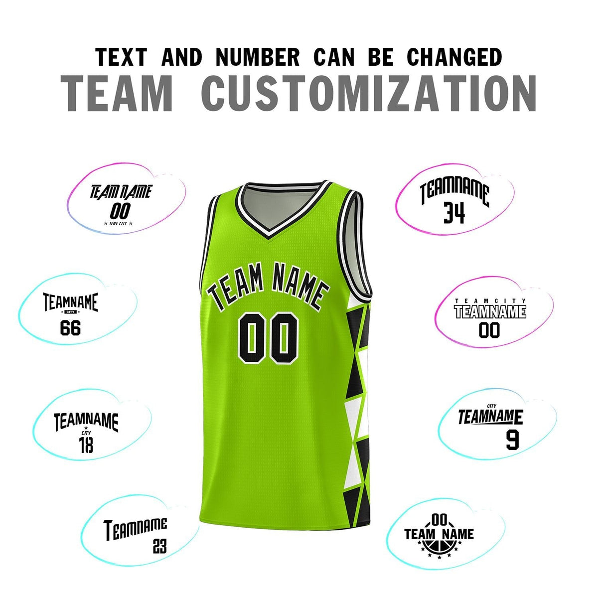 Custom Neon Green Black-White Side Two-Color Triangle Splicing Sports Uniform Basketball Jersey