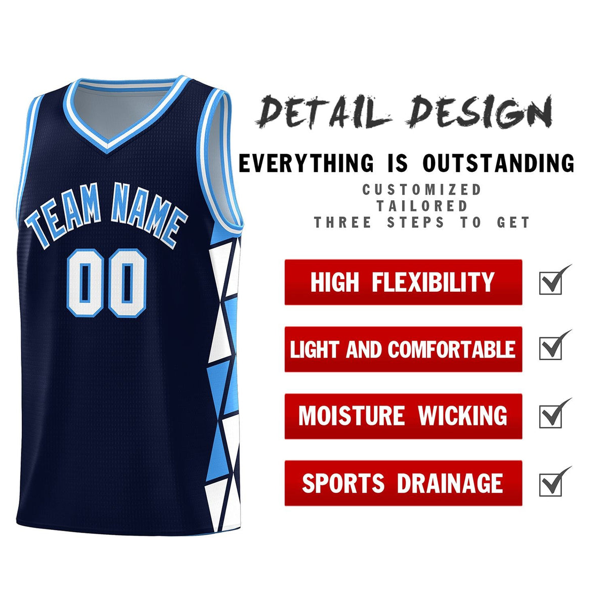 Custom Navy Powder Blue-White Side Two-Color Triangle Splicing Sports Uniform Basketball Jersey
