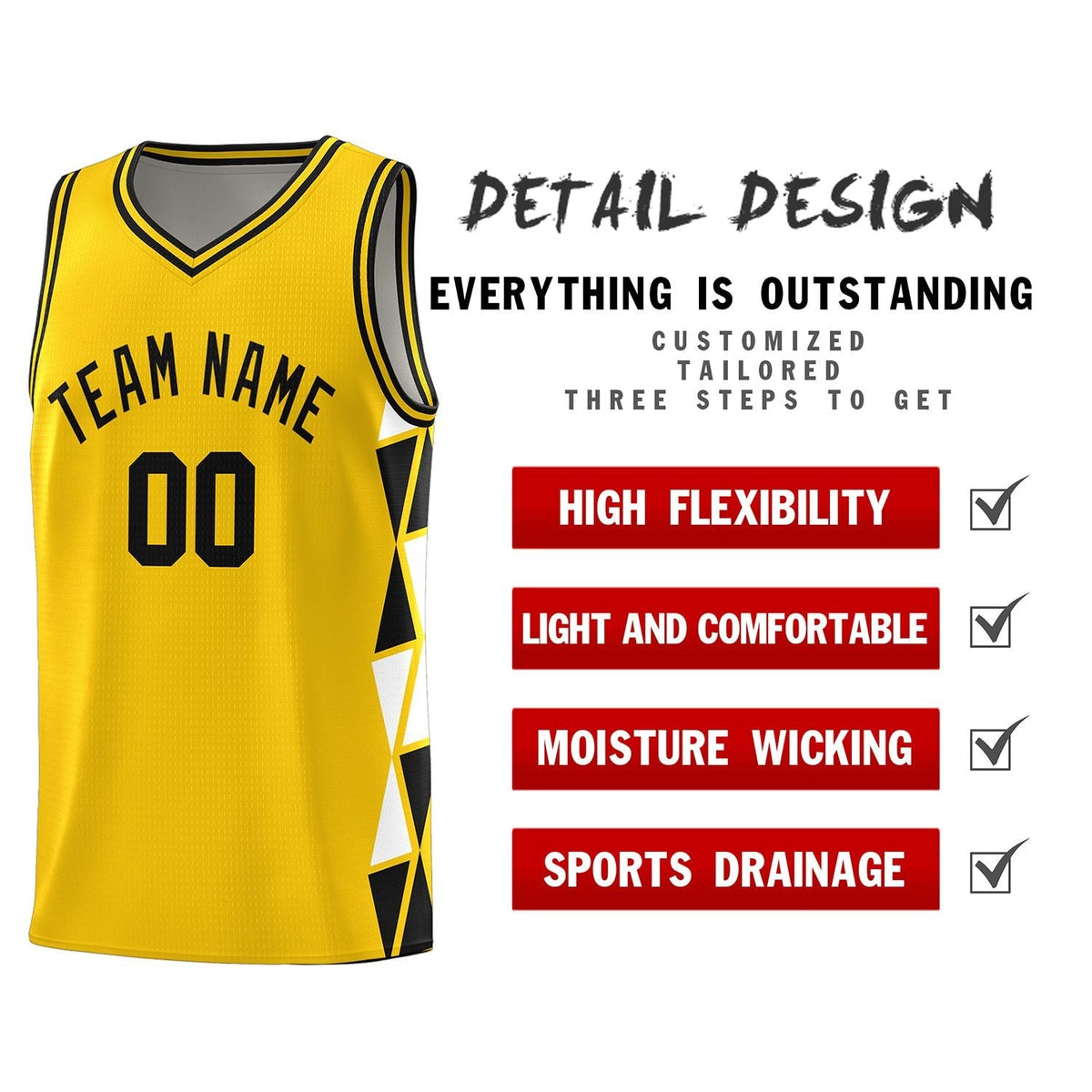 Custom Gold Black-White Side Two-Color Triangle Splicing Sports Uniform Basketball Jersey