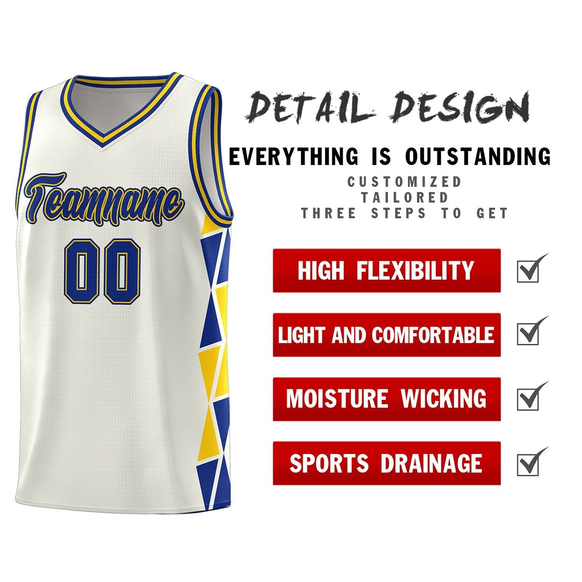 Custom Cream Royal-Gold Side Two-Color Triangle Splicing Sports Uniform Basketball Jersey