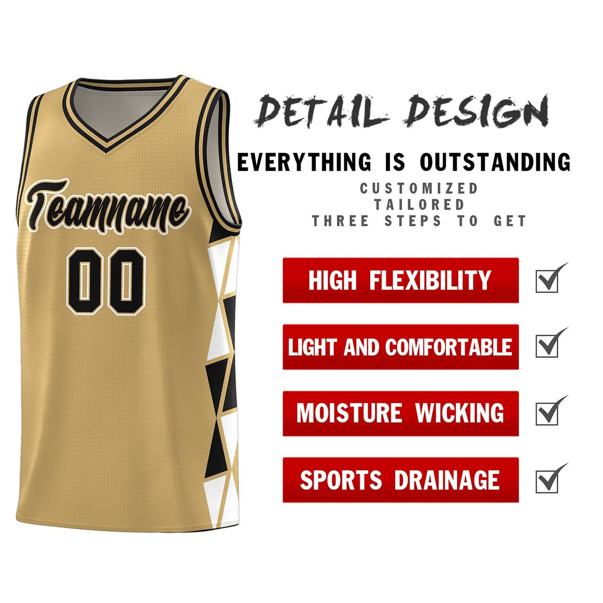 Custom Old Gold Black-White Side Two-Color Triangle Splicing Sports Uniform Basketball Jersey