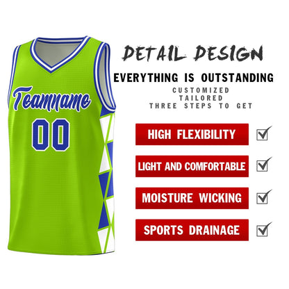 Custom Neon Green Royal-White Side Two-Color Triangle Splicing Sports Uniform Basketball Jersey