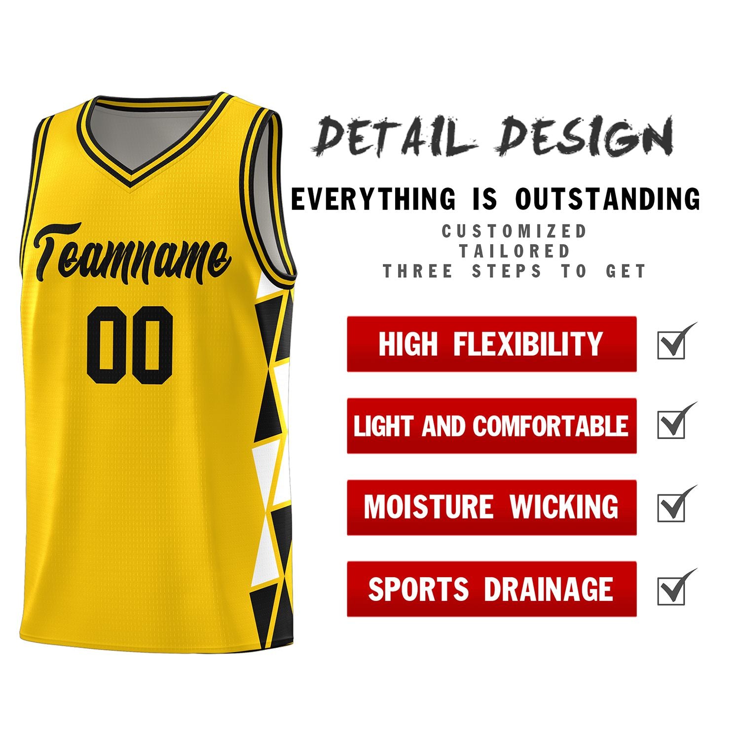 Custom Gold Black-White Side Two-Color Triangle Splicing Sports Uniform Basketball Jersey