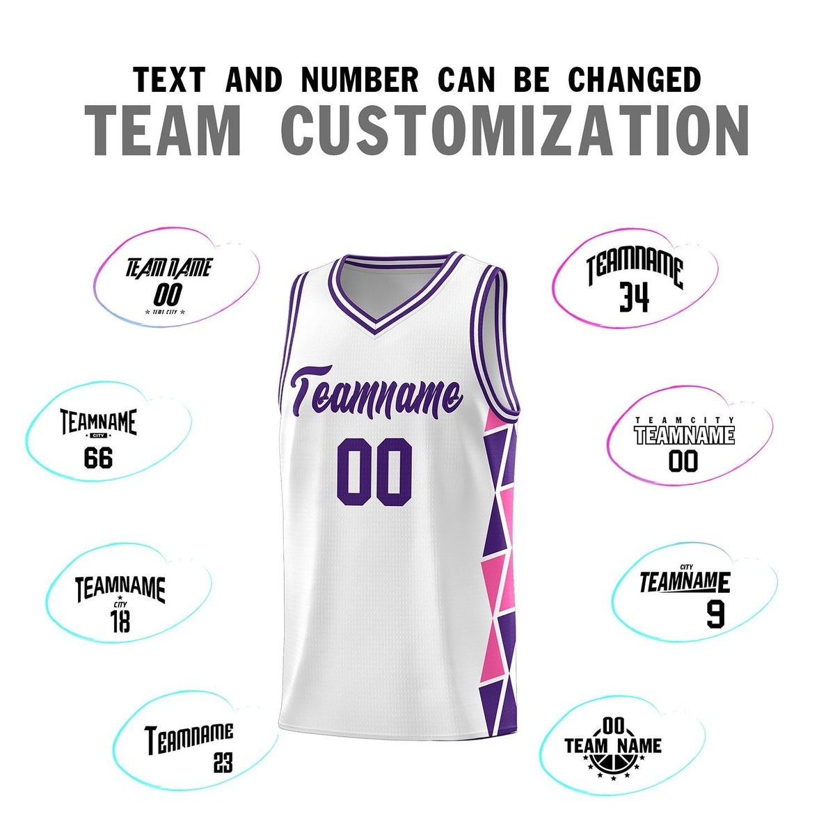 Custom White Purple-Pink Side Two-Color Triangle Splicing Sports Uniform Basketball Jersey