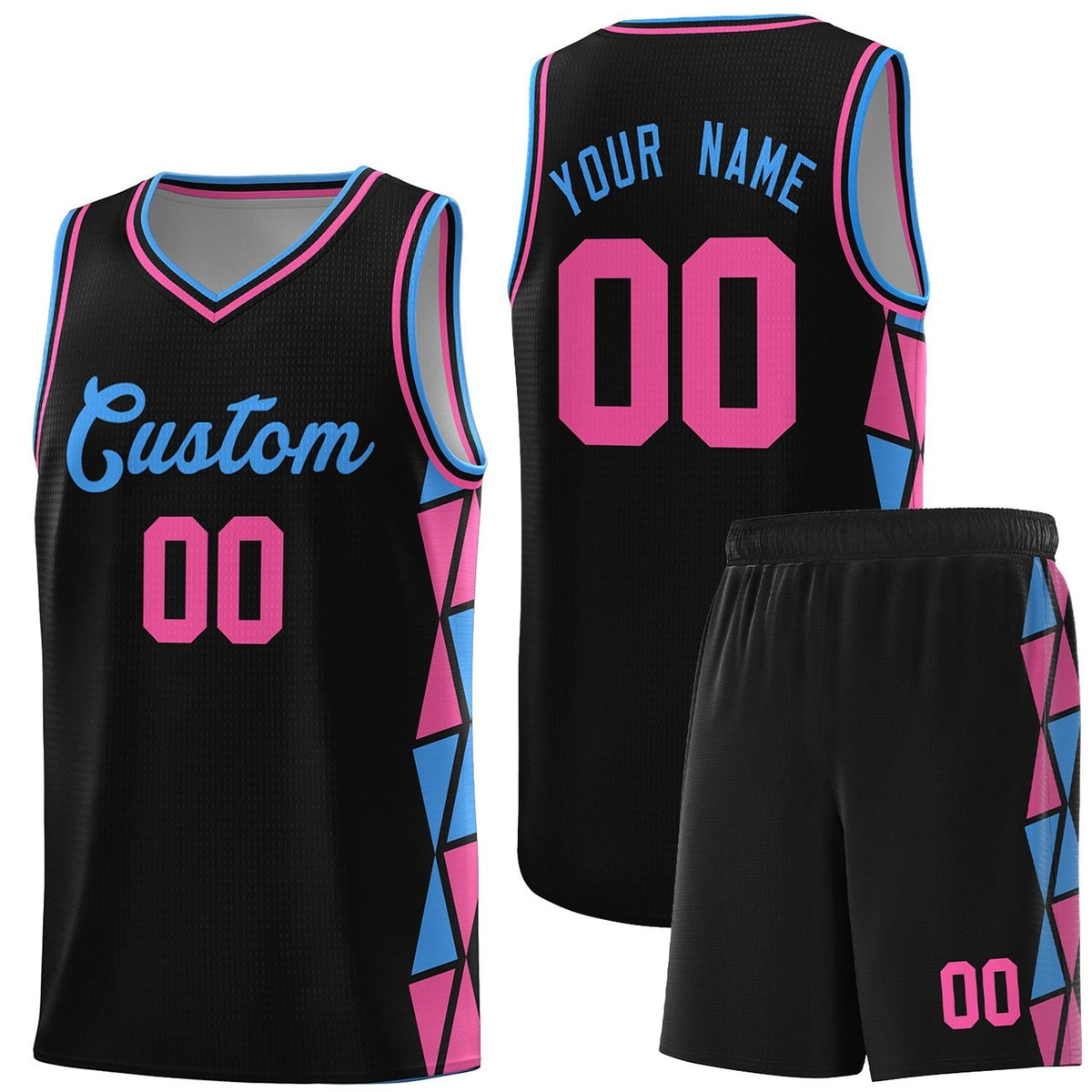 Custom Black Powder Blue-Pink Side Two-Color Triangle Splicing Sports Uniform Basketball Jersey