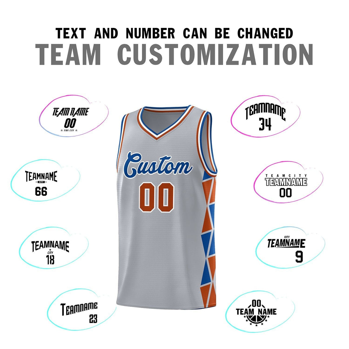 Custom Gray Royal-Texas Orange Side Two-Color Triangle Splicing Sports Uniform Basketball Jersey