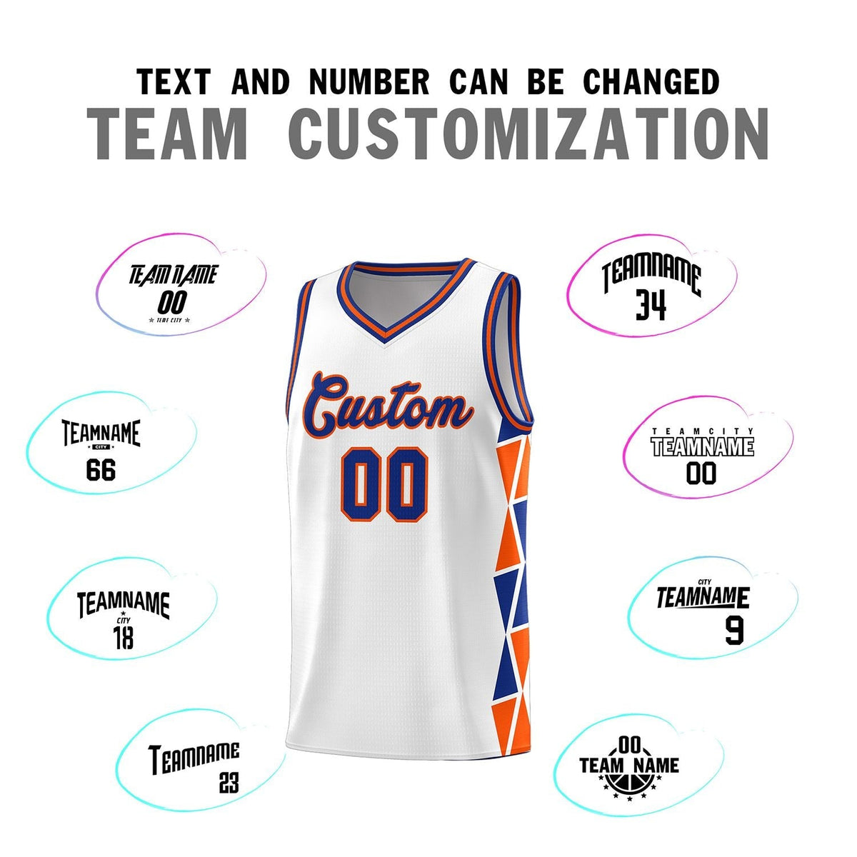 Custom White Royal-Orange Side Two-Color Triangle Splicing Sports Uniform Basketball Jersey