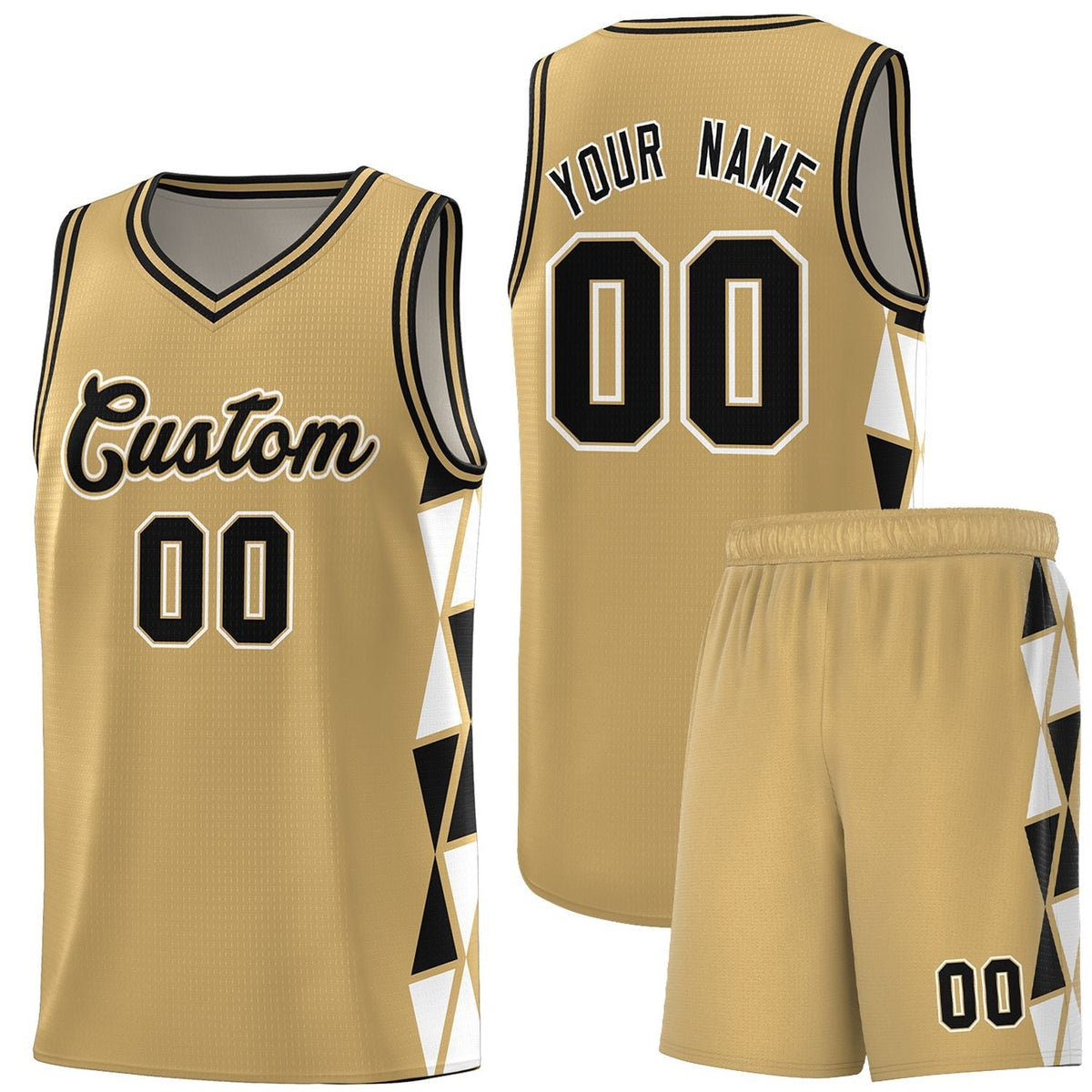 Custom Old Gold Black-White Side Two-Color Triangle Splicing Sports Uniform Basketball Jersey