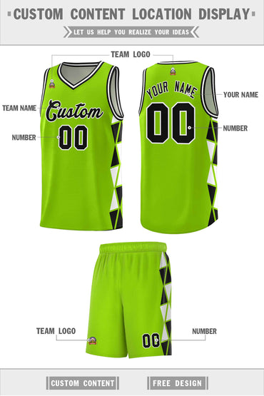 Custom Neon Green Black-White Side Two-Color Triangle Splicing Sports Uniform Basketball Jersey