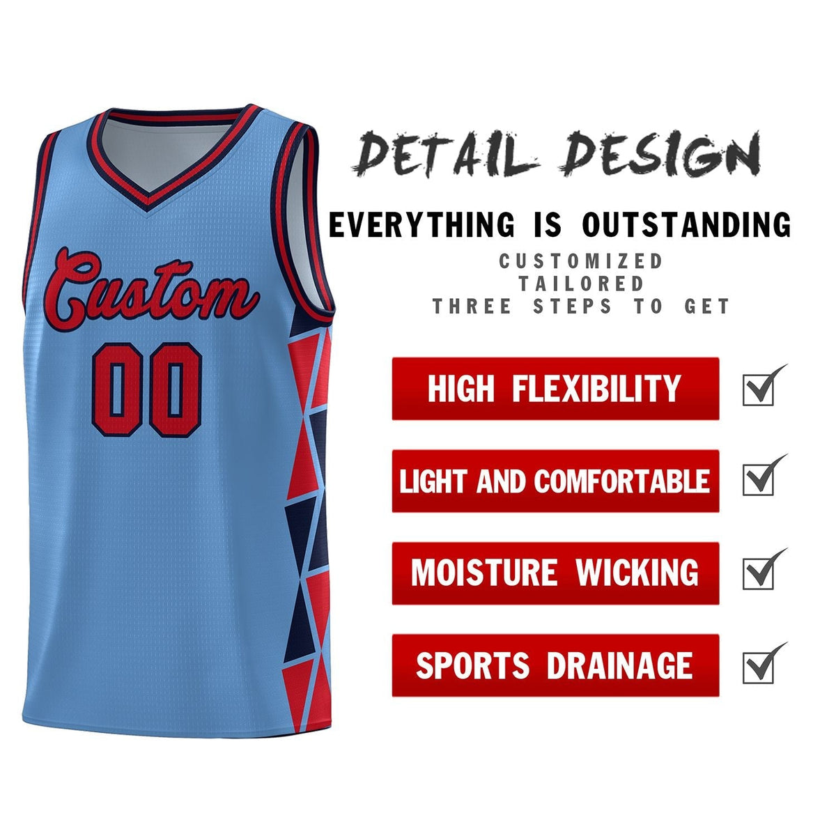 Custom Light Blue Red-Navy Side Two-Color Triangle Splicing Sports Uniform Basketball Jersey