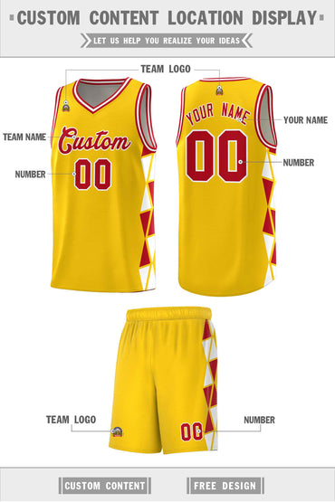 Custom Gold Red-White Side Two-Color Triangle Splicing Sports Uniform Basketball Jersey