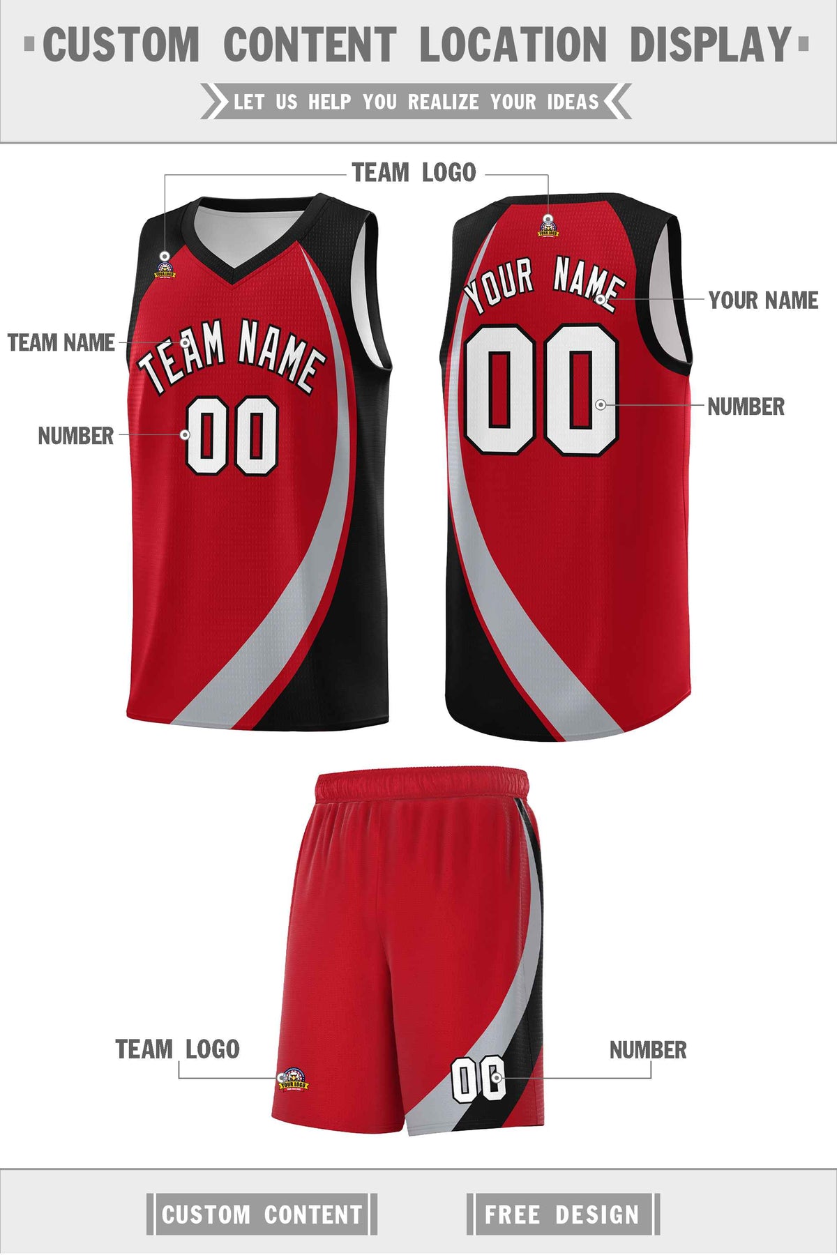 Custom Red Gray-Black Color Block Sports Uniform Basketball Jersey
