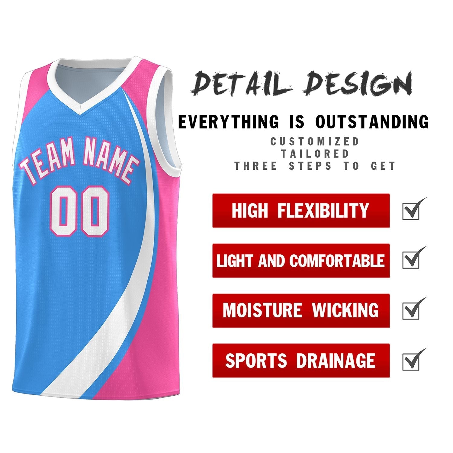 Custom Powder Blue White-Pink Color Block Sports Uniform Basketball Jersey