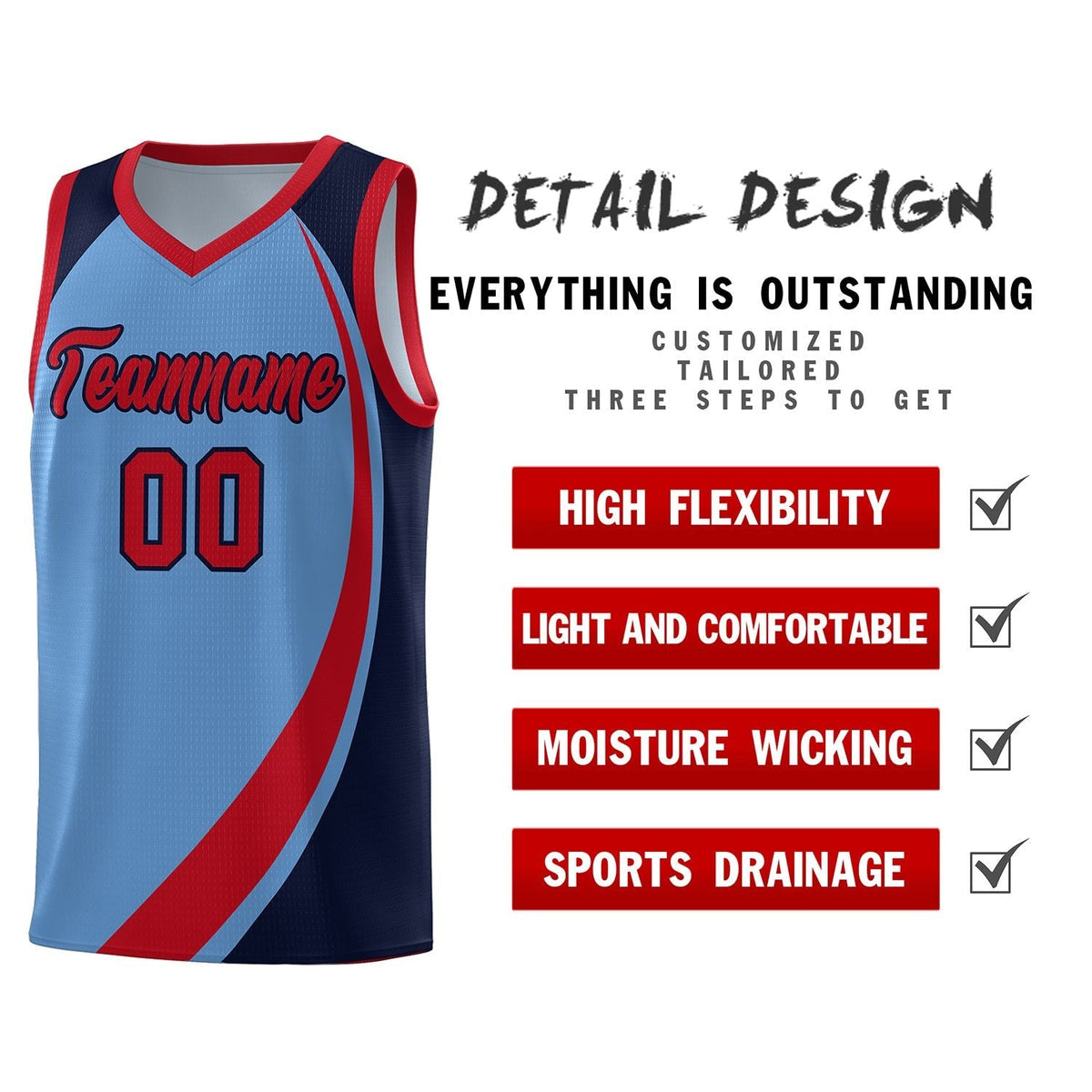 Custom Light Blue Red-Navy Color Block Sports Uniform Basketball Jersey