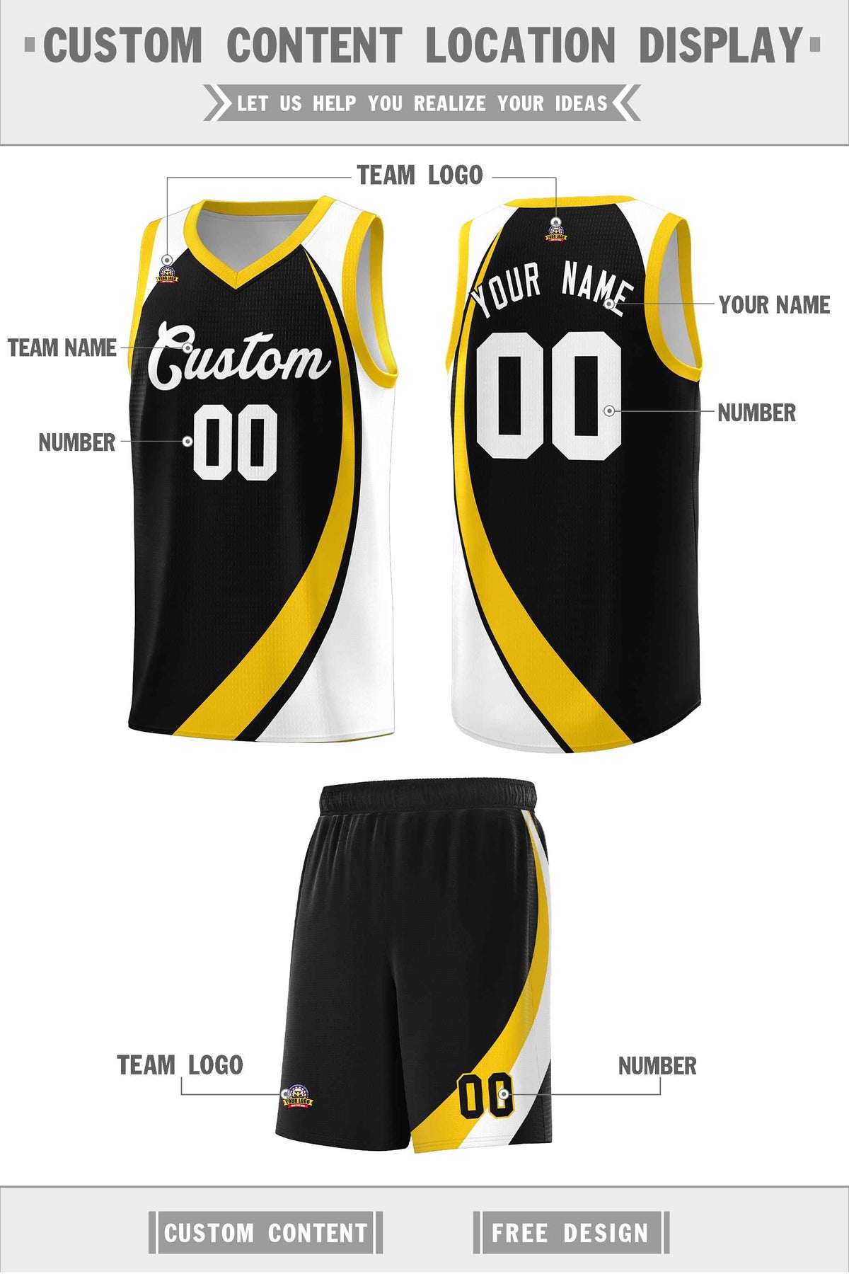 Custom Black Gold-White Color Block Sports Uniform Basketball Jersey