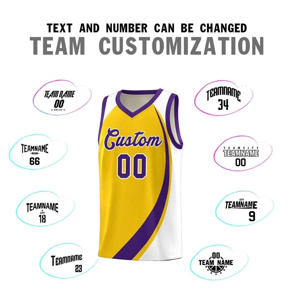 Custom Gold Purple-White Color Block Sports Uniform Basketball Jersey