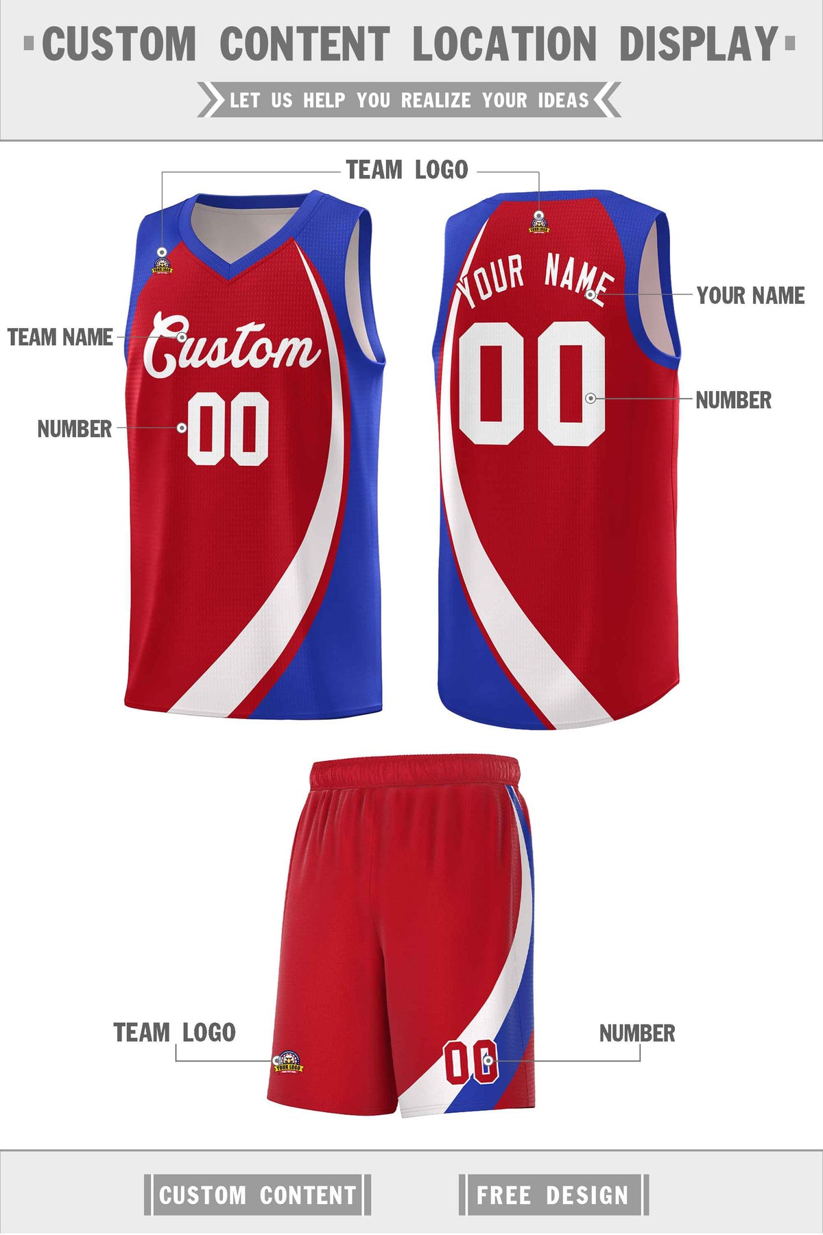 Custom Red White-Royal Color Block Sports Uniform Basketball Jersey