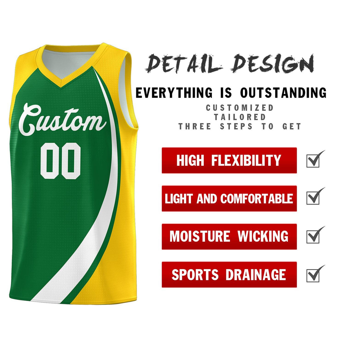 Custom Kelly Green White-Gold Color Block Sports Uniform Basketball Jersey