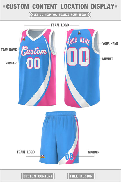 Custom Powder Blue White-Pink Color Block Sports Uniform Basketball Jersey