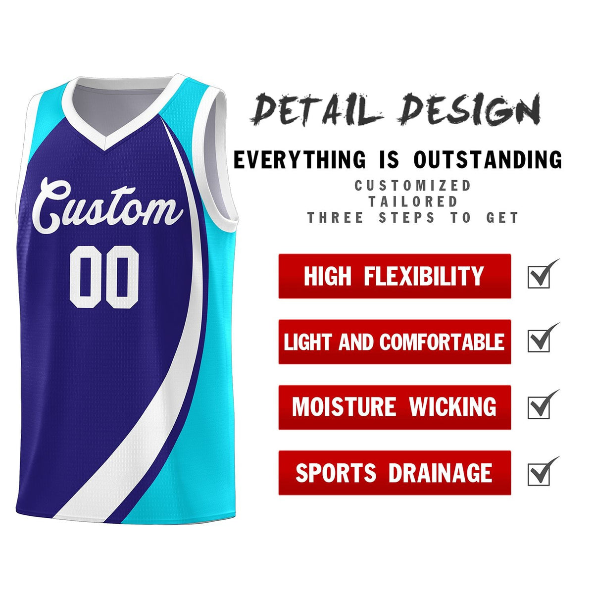Custom Violet White-Sky Blue Color Block Sports Uniform Basketball Jersey