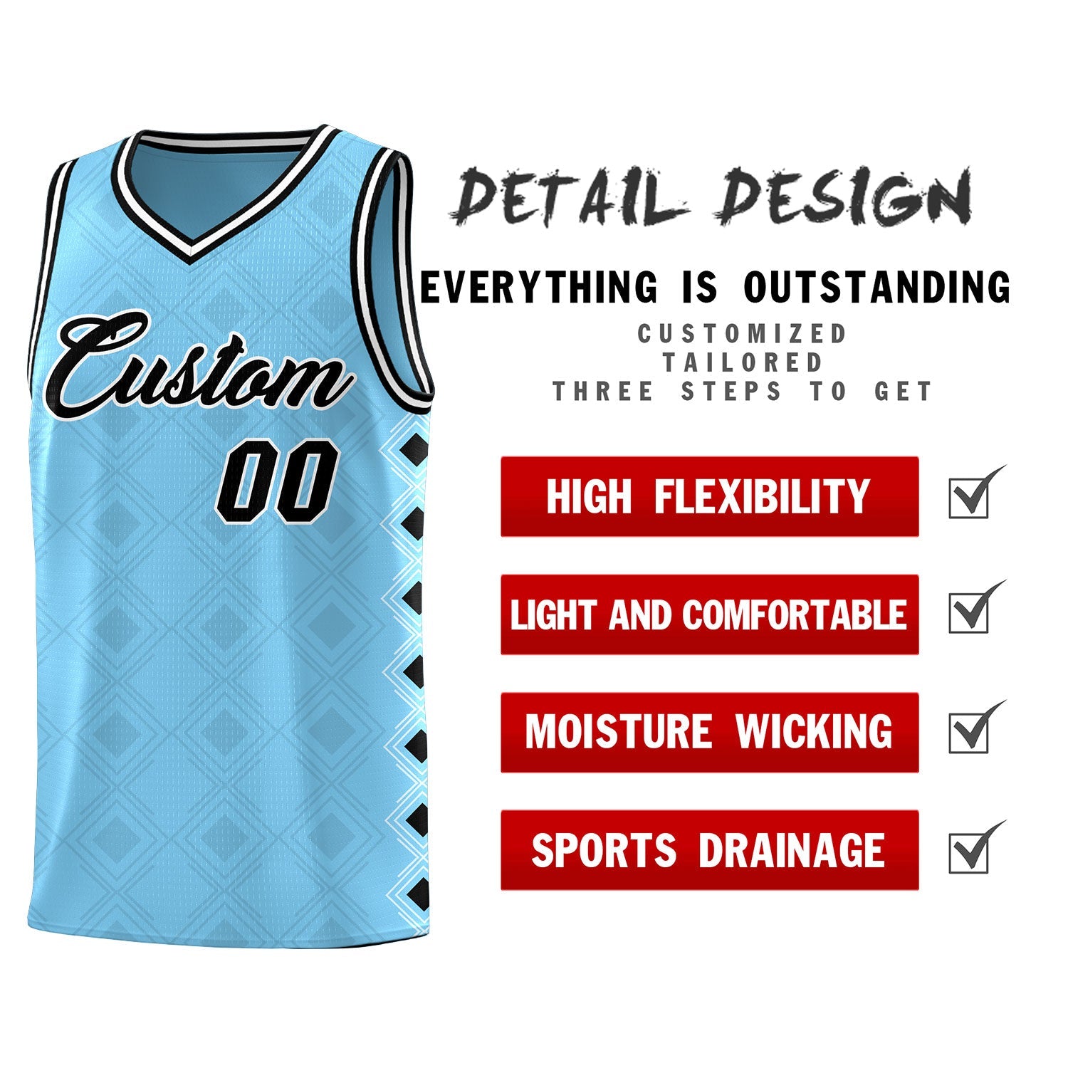 Custom Light Blue Side Blocks Sports Uniform Basketball Jersey