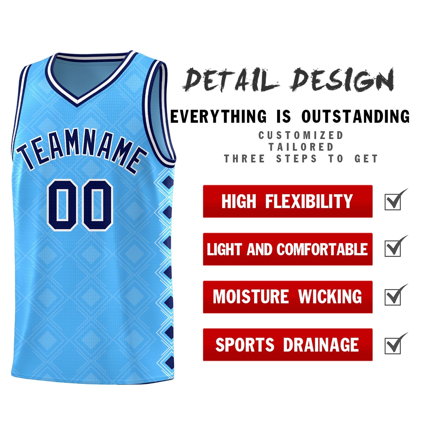 Custom Light Blue Side Blocks Sports Uniform Basketball Jersey
