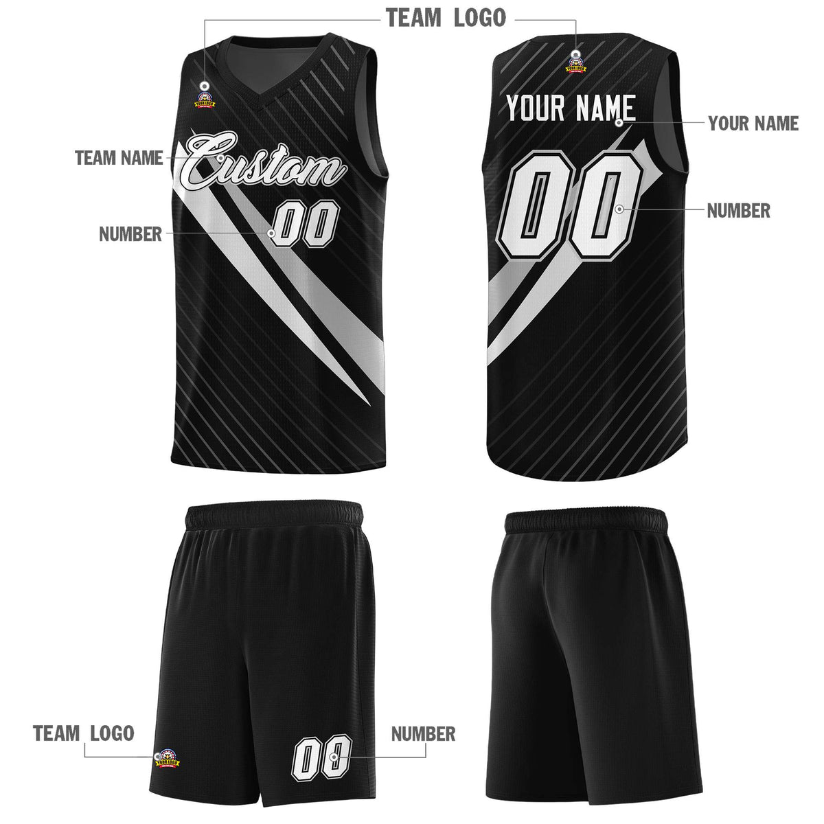Custom Black Diagonal Pinstripe Pattern Color Block Sports Uniform Basketball Jersey