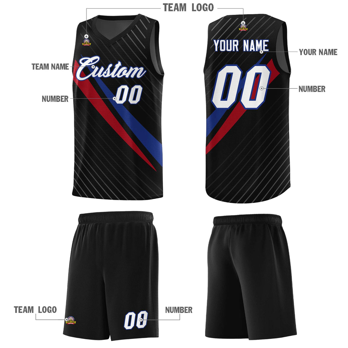 Custom Black Diagonal Pinstripe Pattern Color Block Sports Uniform Basketball Jersey
