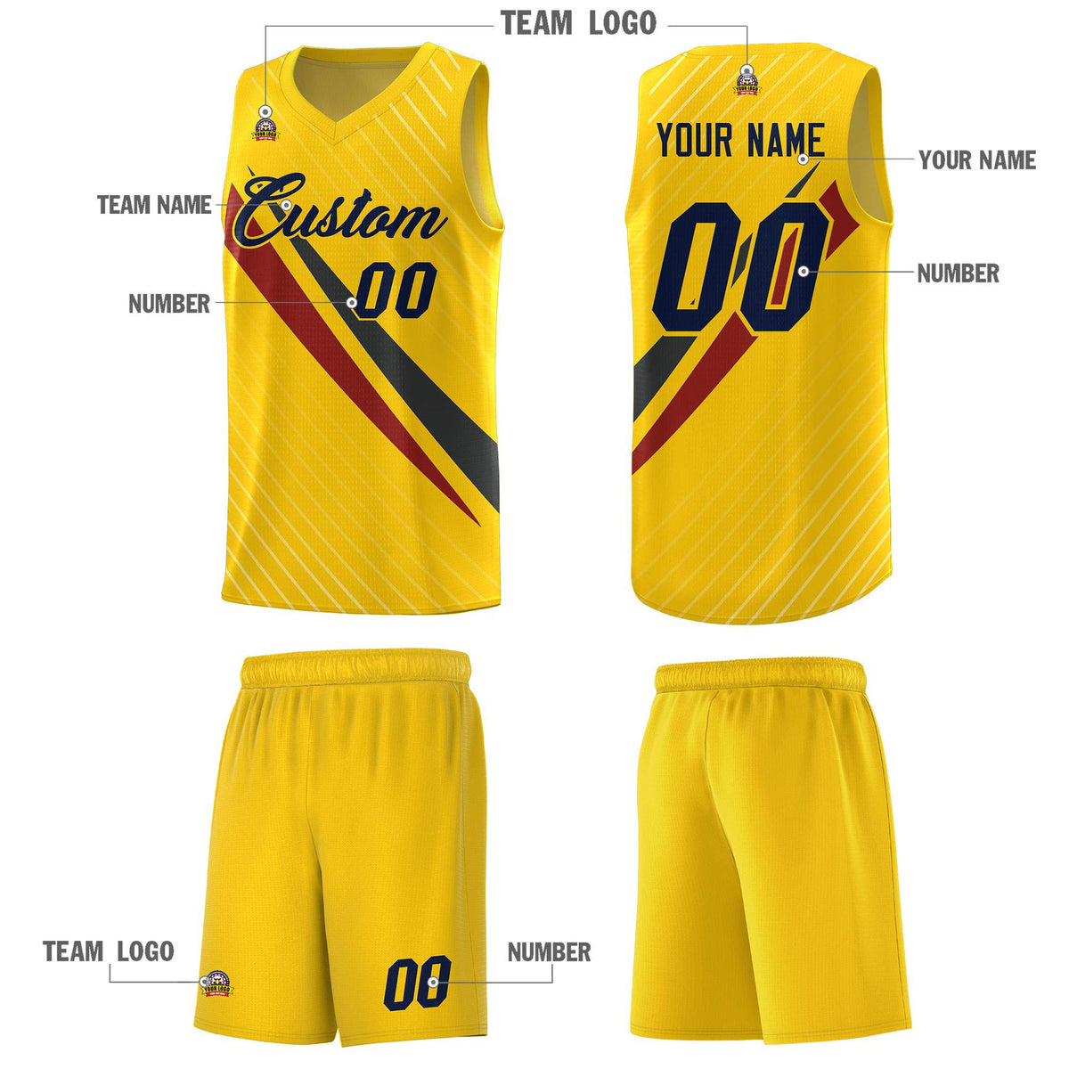 Custom Gold Diagonal Pinstripe Pattern Color Block Sports Uniform Basketball Jersey