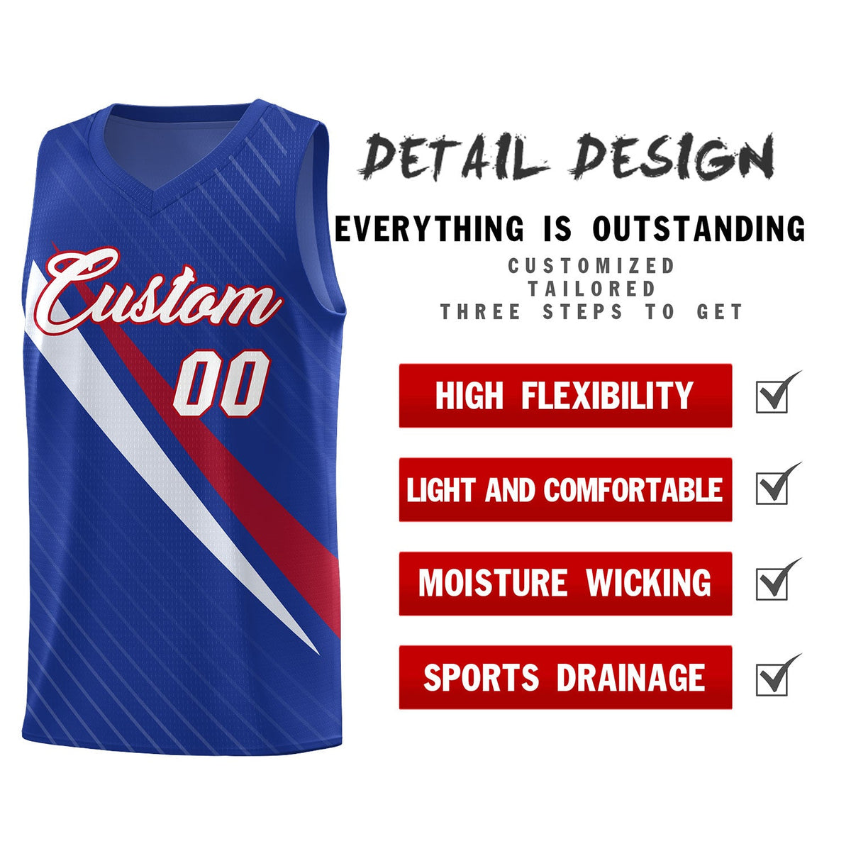 Custom Royal Diagonal Pinstripe Pattern Color Block Sports Uniform Basketball Jersey