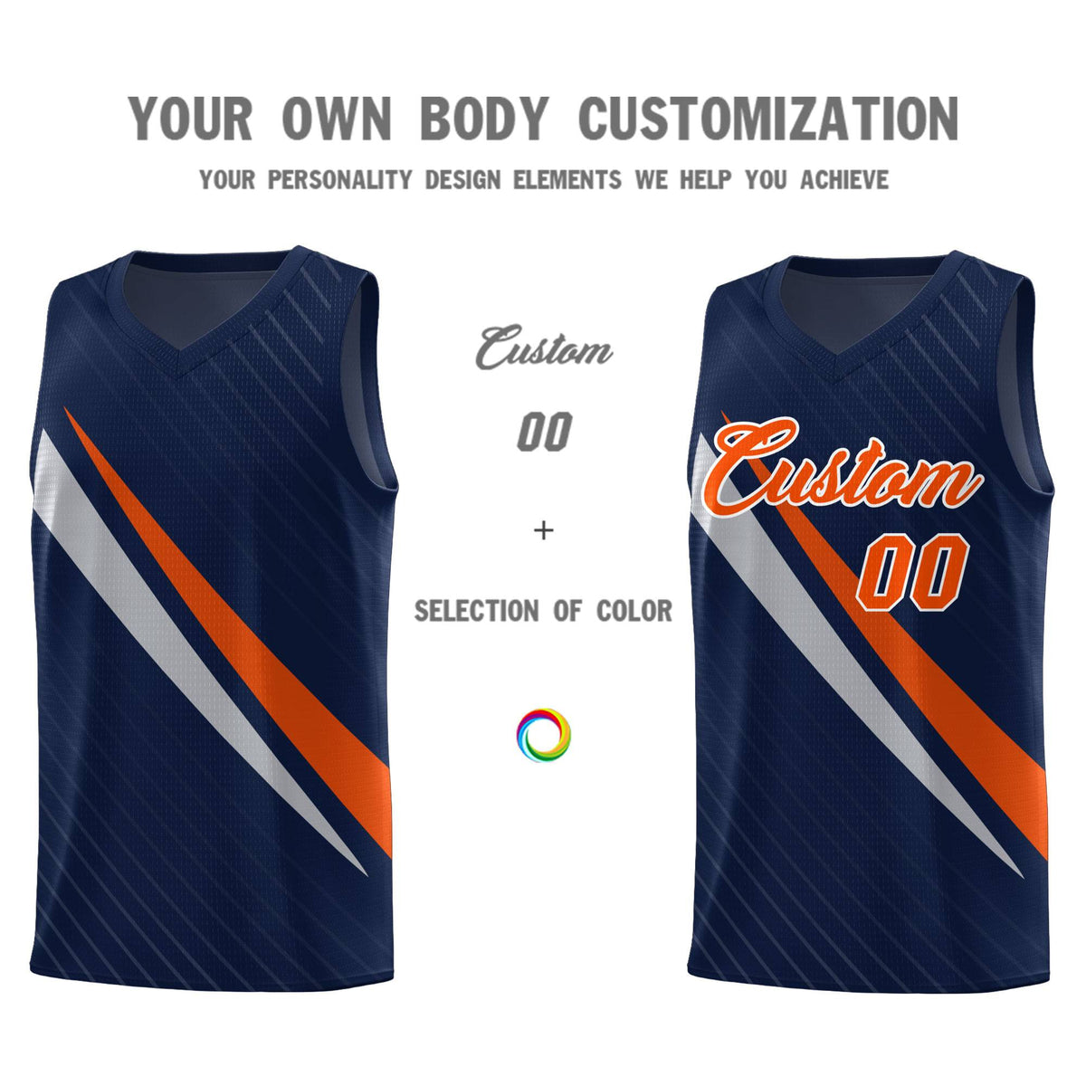 Custom Navy Diagonal Pinstripe Pattern Color Block Sports Uniform Basketball Jersey