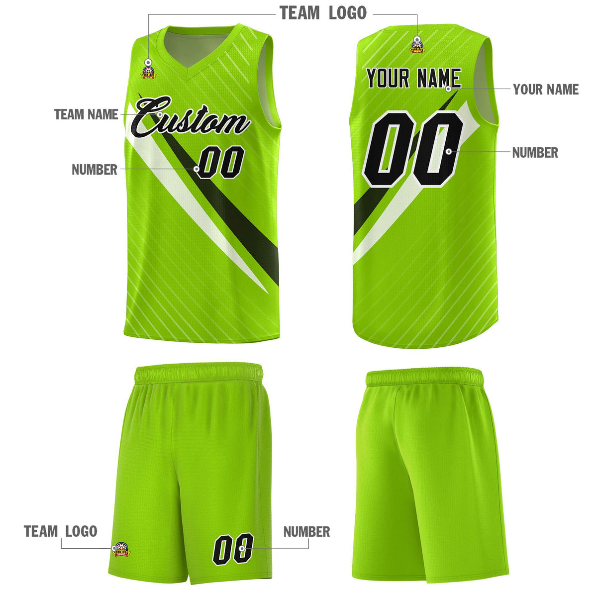 Custom Neon Green Diagonal Pinstripe Pattern Color Block Sports Uniform Basketball Jersey