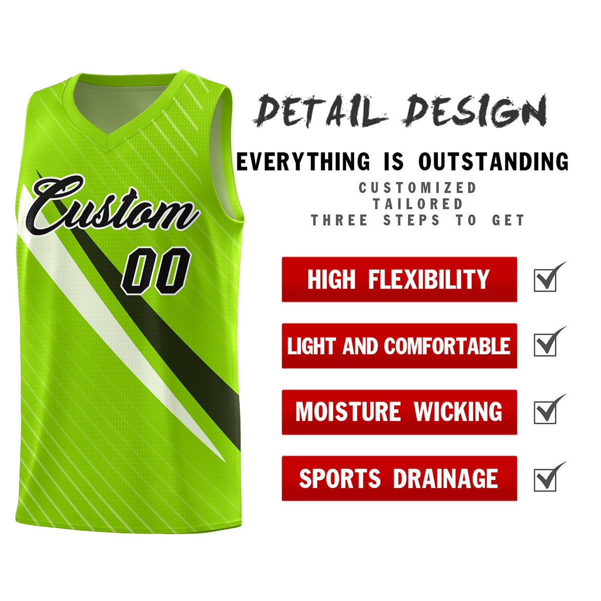 Custom Neon Green Diagonal Pinstripe Pattern Color Block Sports Uniform Basketball Jersey