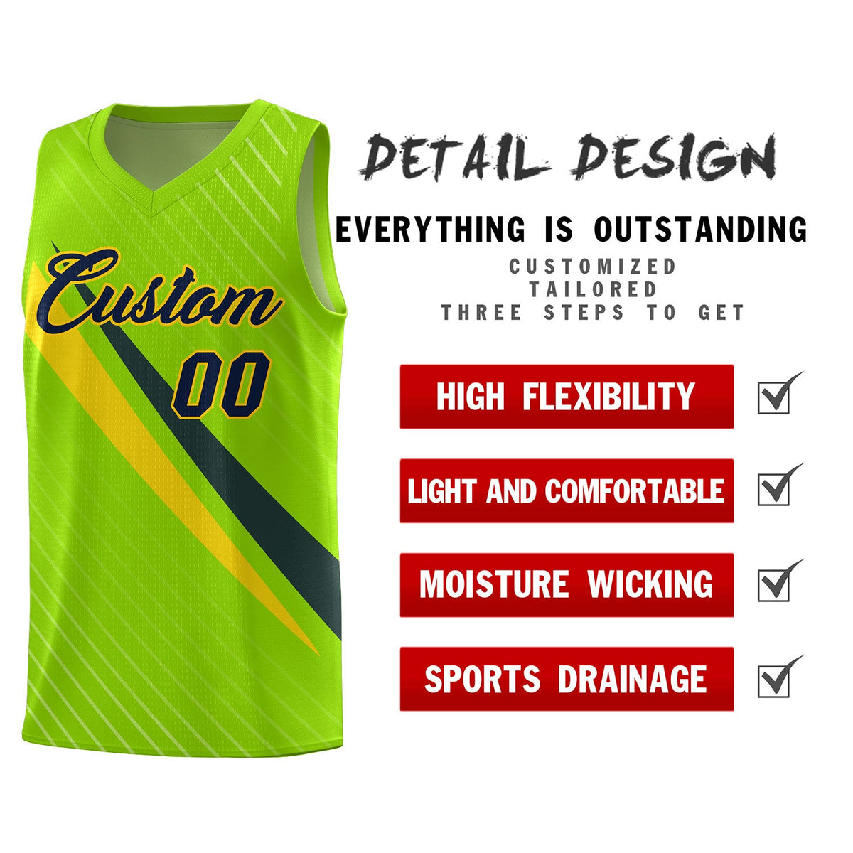 Custom Neon Green Diagonal Pinstripe Pattern Color Block Sports Uniform Basketball Jersey