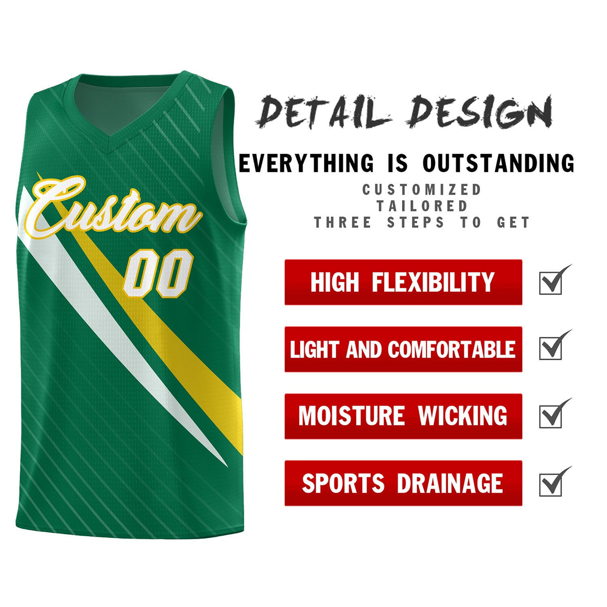 Custom Kelly Green Diagonal Pinstripe Pattern Color Block Sports Uniform Basketball Jersey