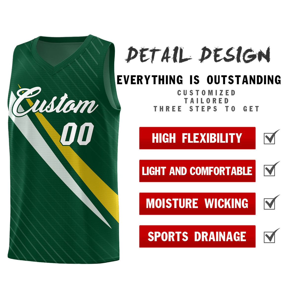 Custom Hunter Green Diagonal Pinstripe Pattern Color Block Sports Uniform Basketball Jersey