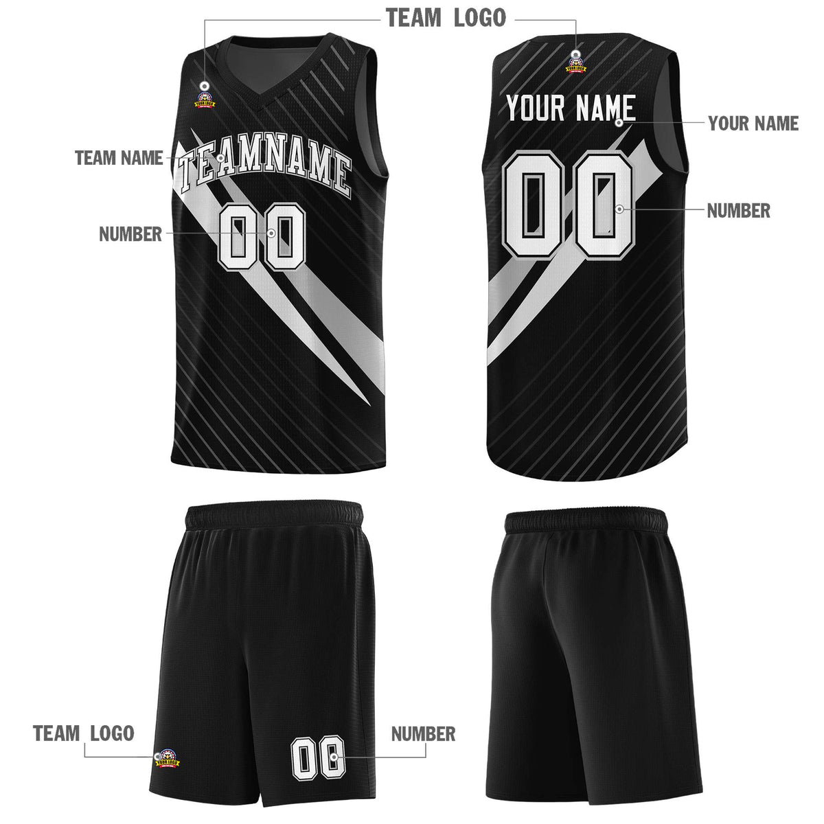 Custom Black Diagonal Pinstripe Pattern Color Block Sports Uniform Basketball Jersey