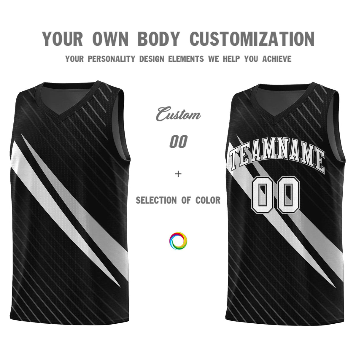 Custom Black Diagonal Pinstripe Pattern Color Block Sports Uniform Basketball Jersey