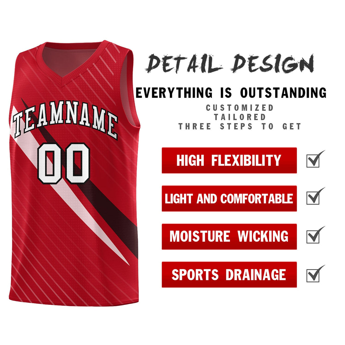 Custom Red Diagonal Pinstripe Pattern Color Block Sports Uniform Basketball Jersey