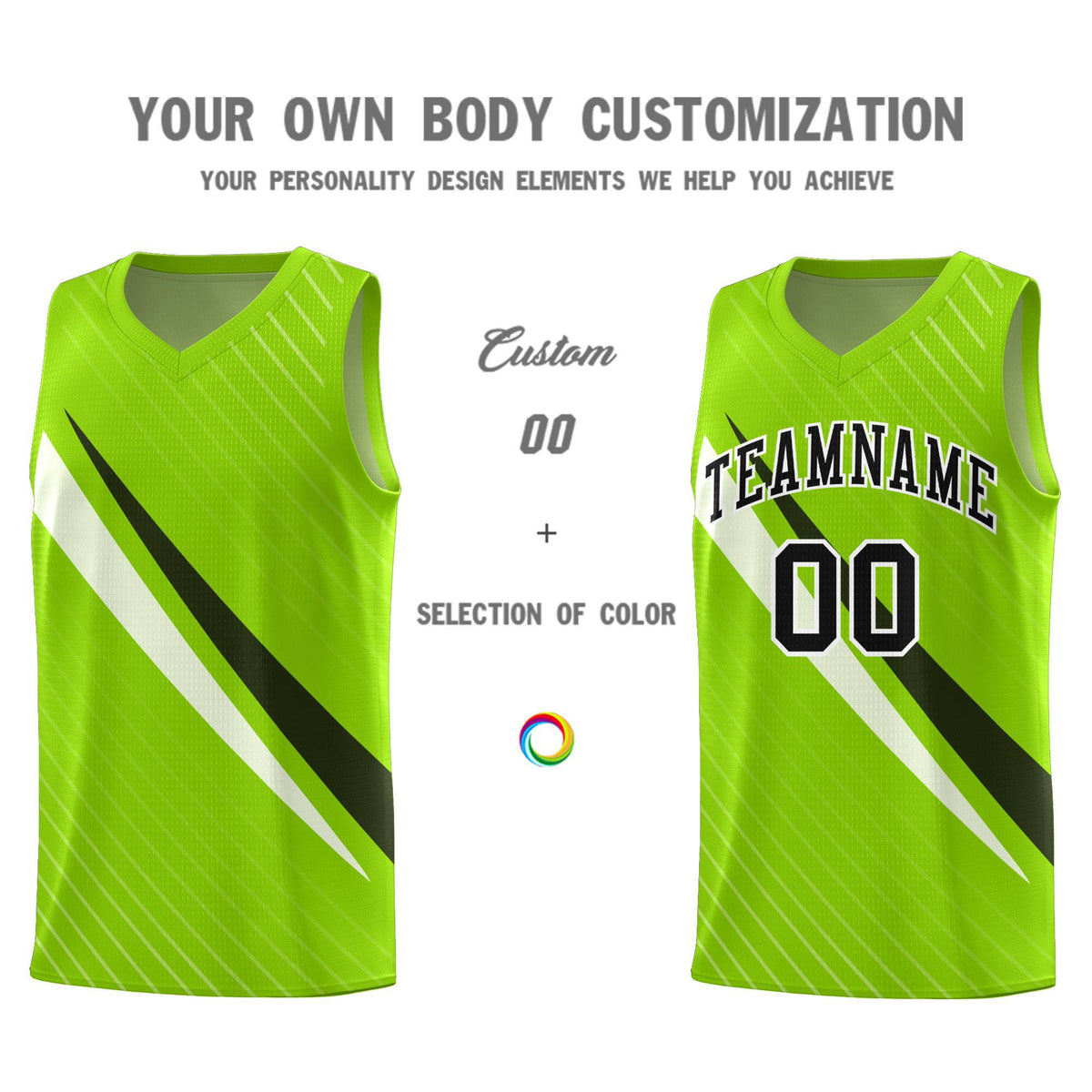 Custom Neon Green Diagonal Pinstripe Pattern Color Block Sports Uniform Basketball Jersey