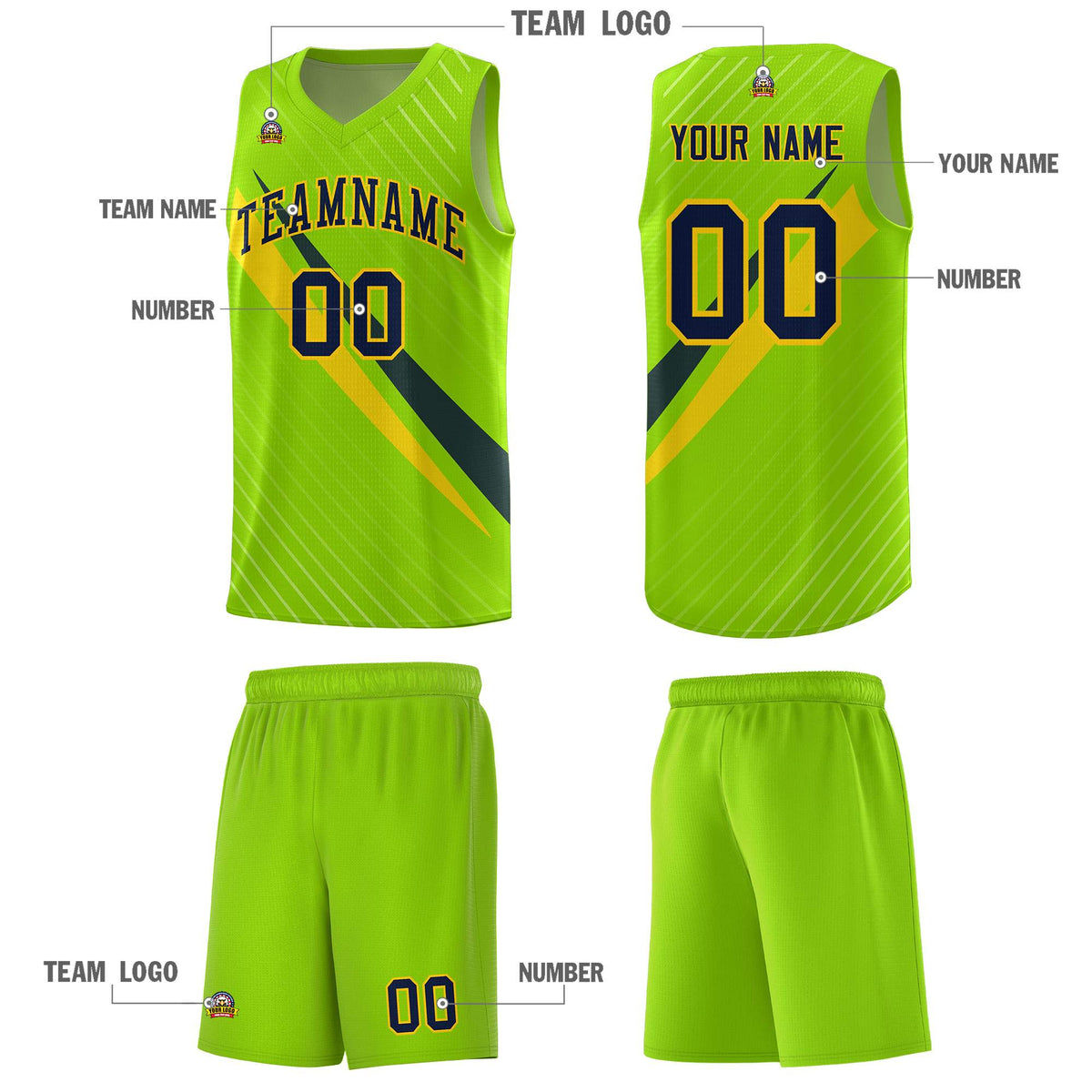 Custom Neon Green Diagonal Pinstripe Pattern Color Block Sports Uniform Basketball Jersey