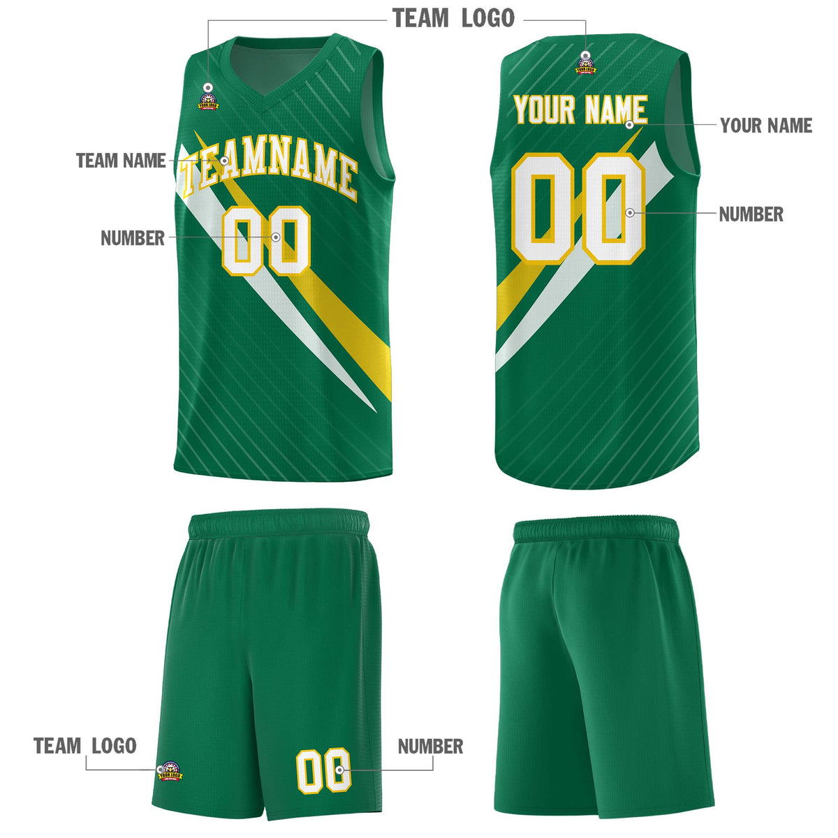 Custom Kelly Green Diagonal Pinstripe Pattern Color Block Sports Uniform Basketball Jersey