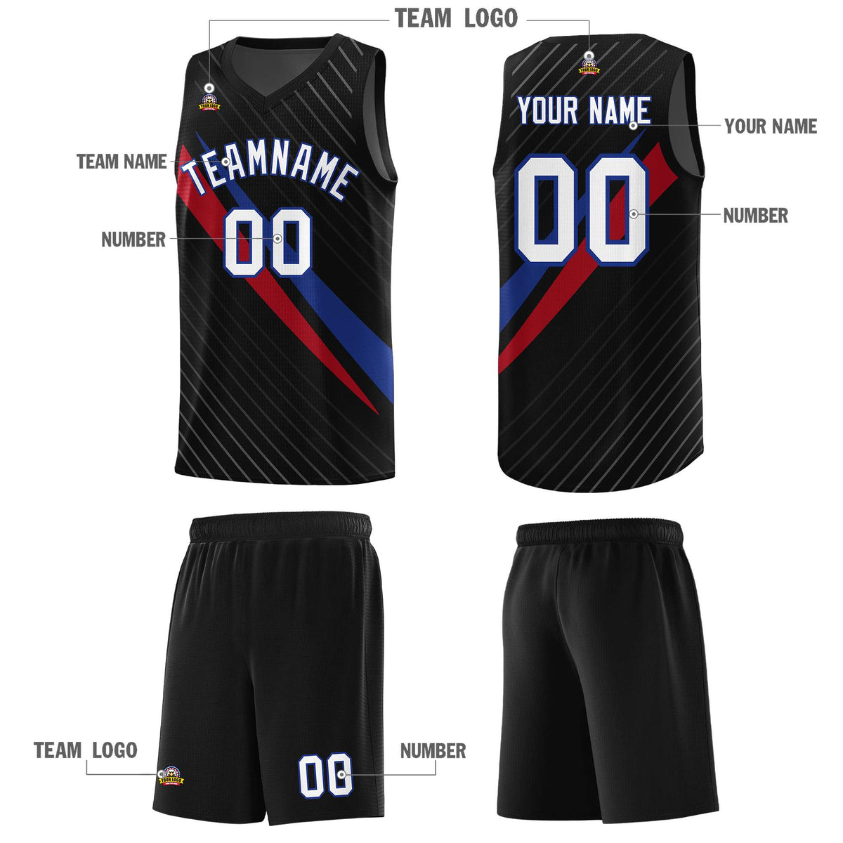 Custom Black Diagonal Pinstripe Pattern Color Block Sports Uniform Basketball Jersey